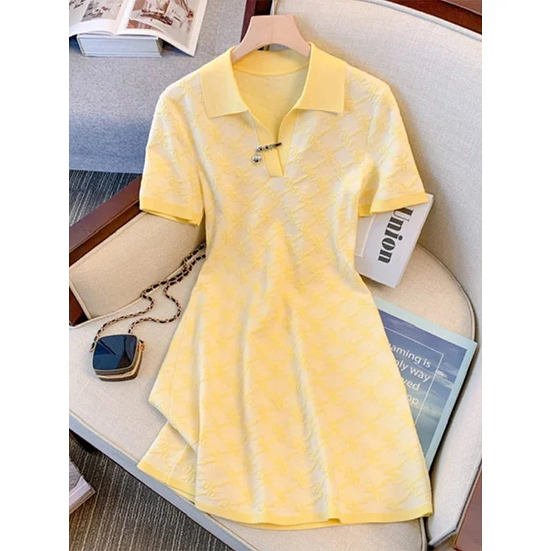 Nncharge Fashion Preppy Style Yellow Basic A-line All-match Casual Dresses 2024 Spring Women's Elegant Midi Dress Lady Clothes