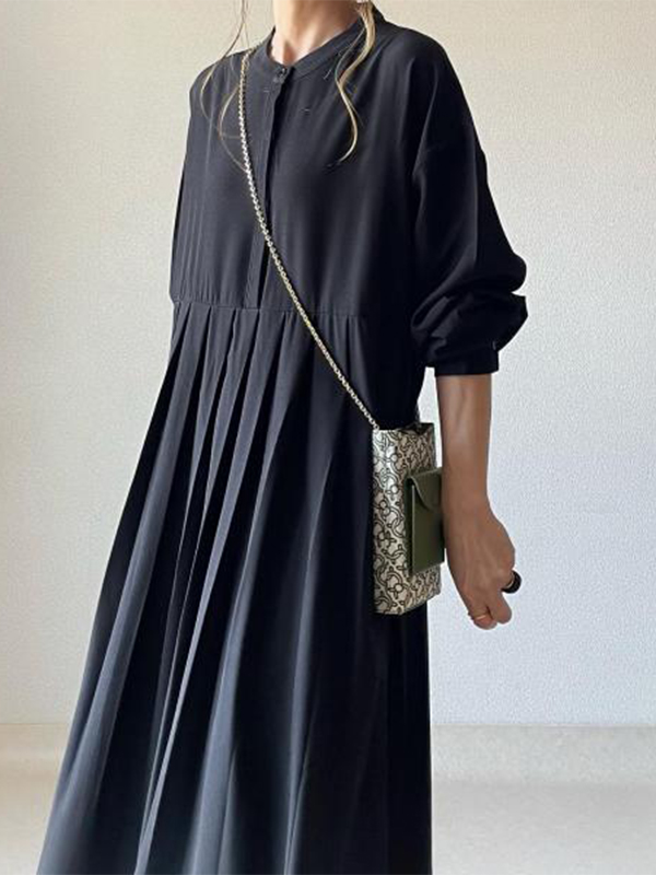 Long Sleeve Pleated Detail Solid Color Maxi Dress