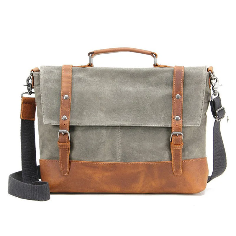 Oil Waxed Canvas Waterproof Messenger Bag, Men's Shoulder Bag, Canvas Bag with Leather Trim