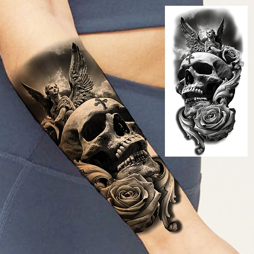 Sdrawing Praying Cross Temporary Tattoos For Men Adults Realistic Wolf Tiger Compass Skull Fake Tattoo Sticker Forearm Tatoos Arm