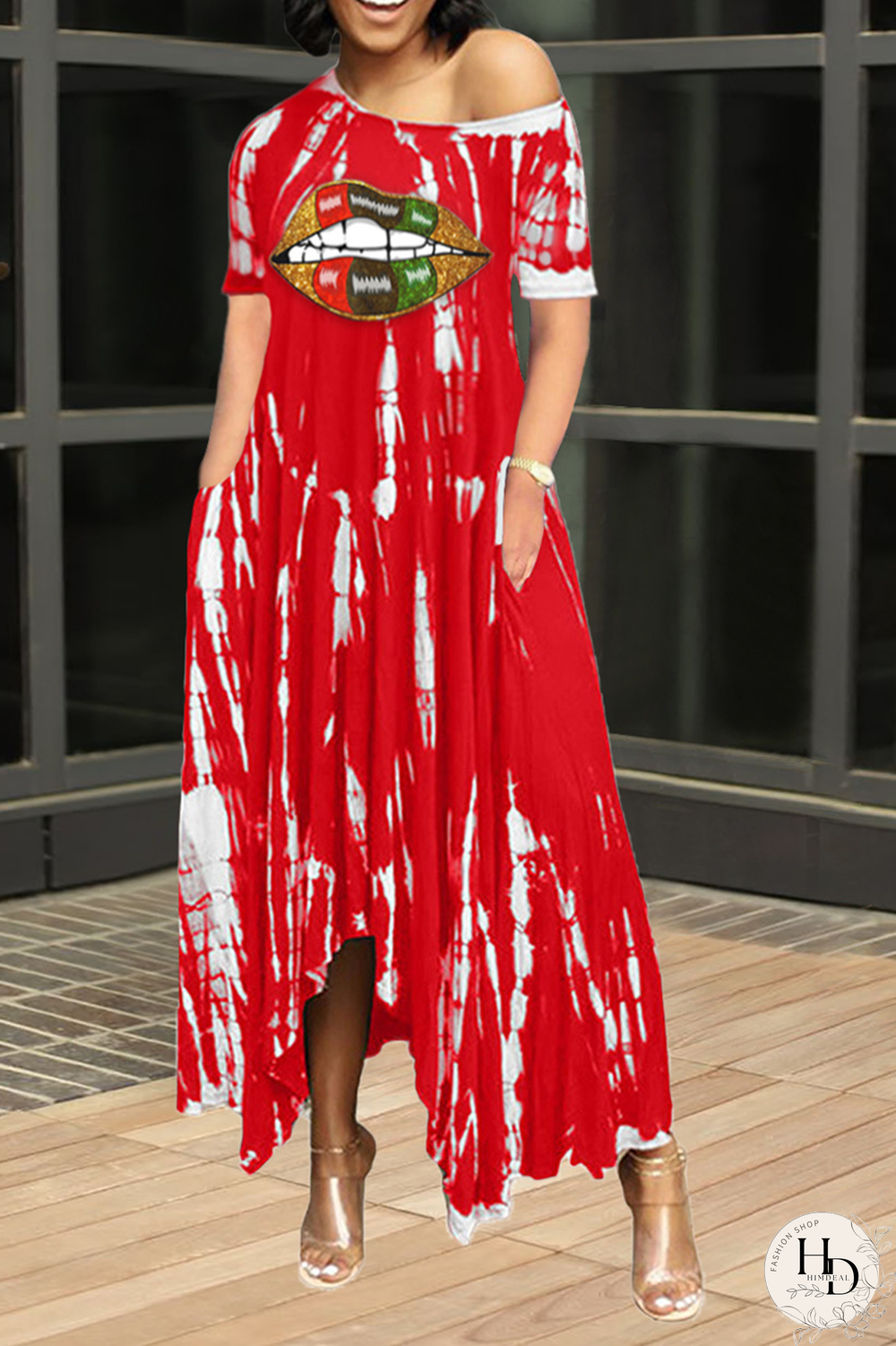 Tangerine Red Casual Print Split Joint One Shoulder Irregular Dress Dresses