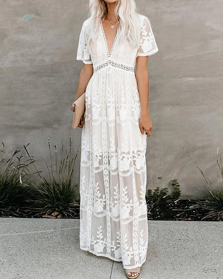 Lace Plunge Neck Embroidery Maxi Dress P8026364251