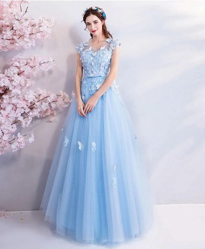 Sky Blue Lace Tulle Long Prom Dress, Blue Evening Dress