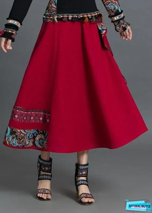 Stylish Red Wrinkled Asymmetrical Design Patchwork Cotton Skirt Spring