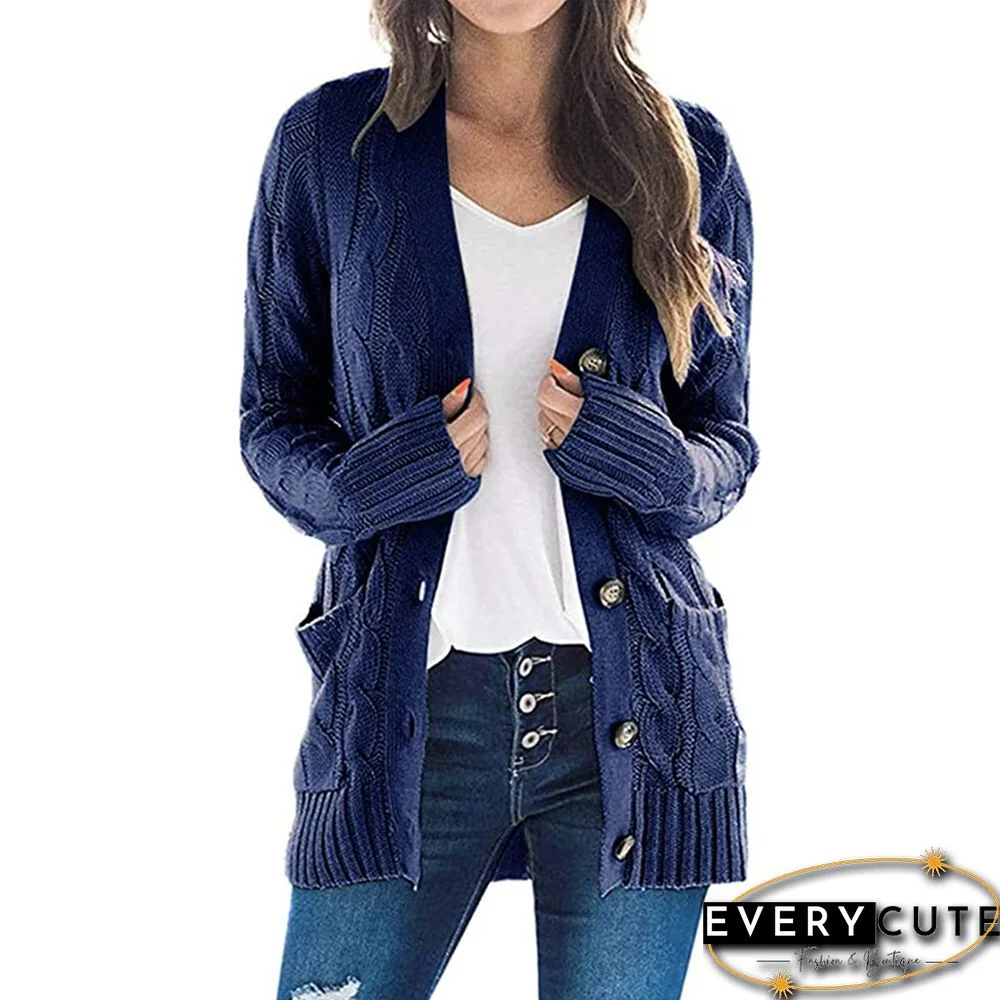 Navy Blue Button Down Pocketed Knit Cardigan