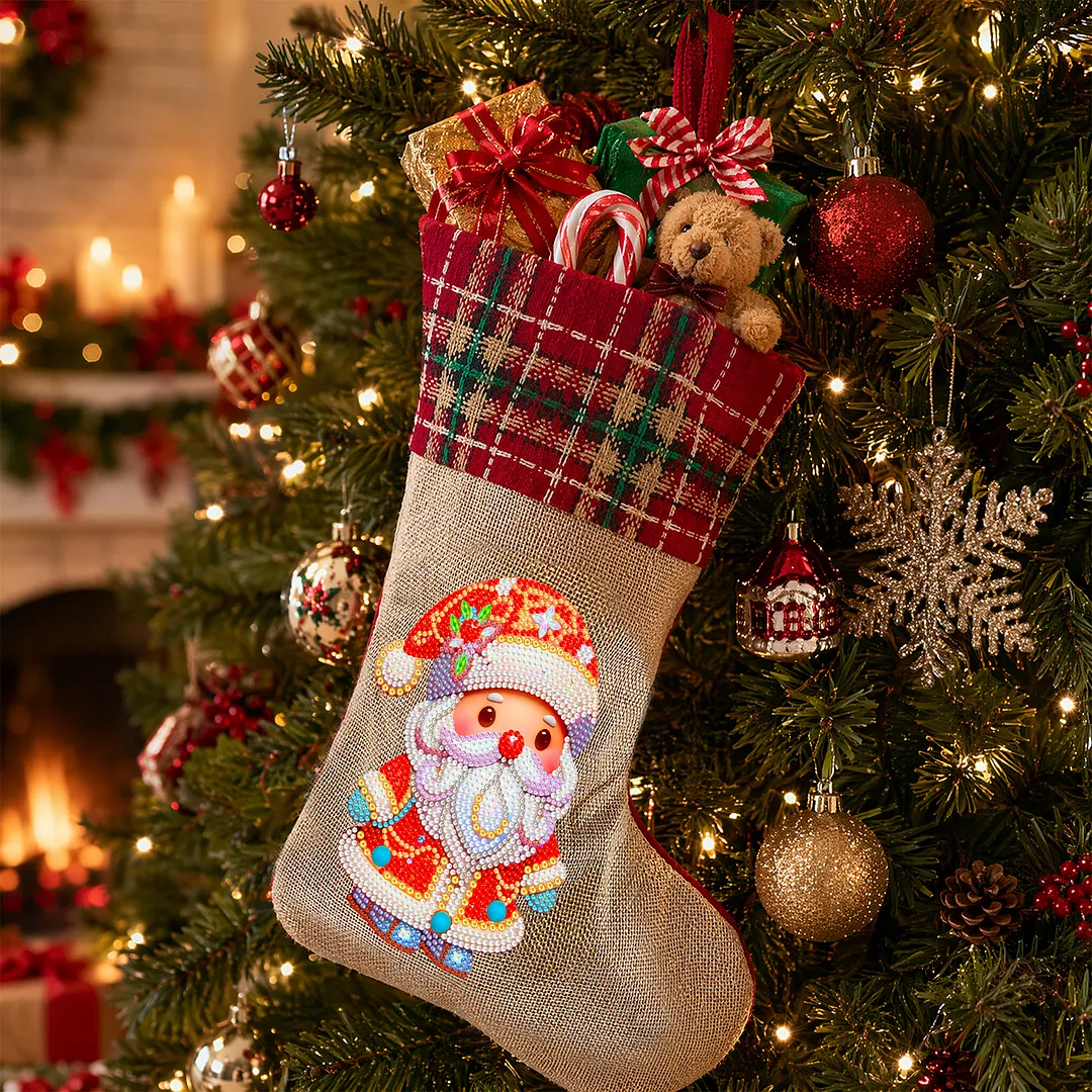 DIY Diamond Painting Christmas Stockings Hanging Ornaments Large Capacity Xmas Socks Pendant Wear Resist Candy Gift Storage Bags for Family Christmas Holiday Party Decoration (Santa Claus)