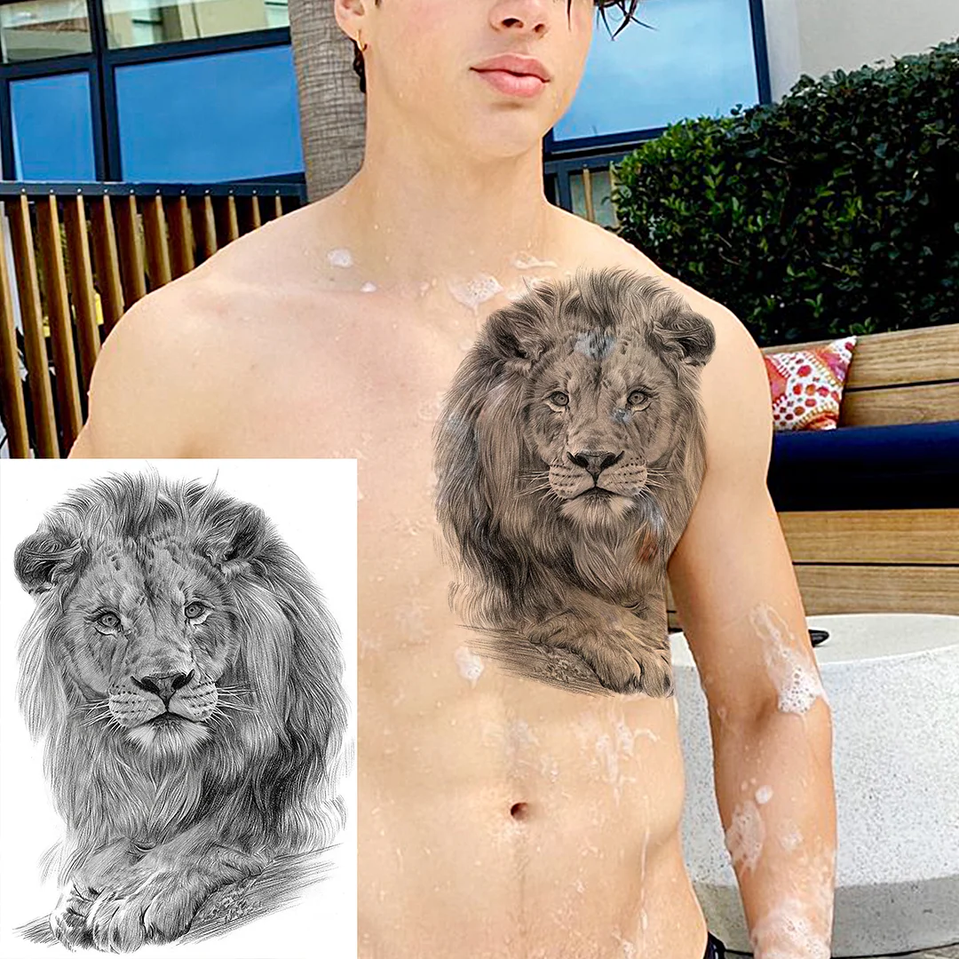 Sdrawing High Quality Lion Tiger Temporary Tattoos For Men Boys Realistic Fake Black Waterproof Tattoos Decal For Adult Party Supplies