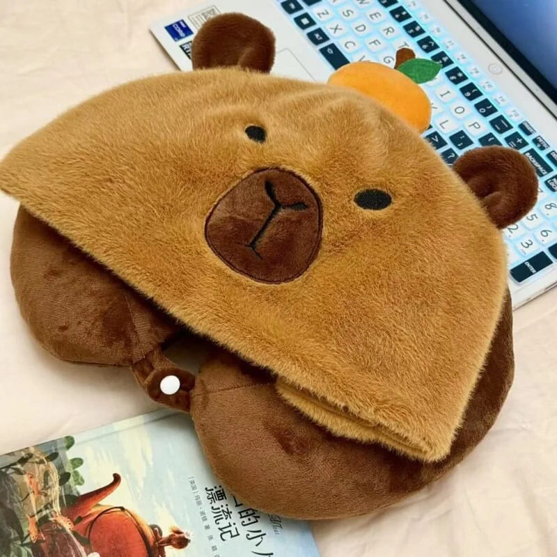 Cuteee Family Kawaii Capybara Plush U-Shaped Pillow Hooded Neck Pillow For Travel Office Nap Pillow