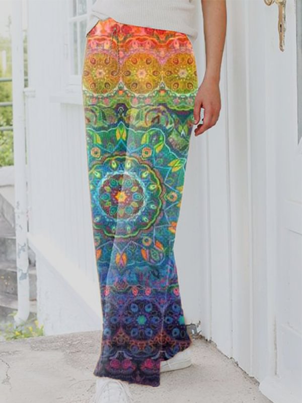 Vintage printed casual knitted warm straight wide leg pants