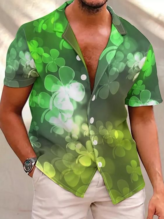 Men's  St. Patrick's Day Four Leaf Clover Print Cotton And Linen Casual Shirt