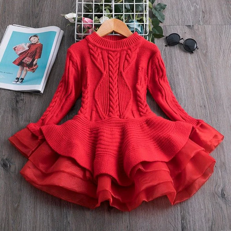 Knitted Sweater Dress for Girls Autumn Winter Clothes Ribbed Long Sleeve Kids Party Costume Casual Wear Princess Christmas Dress