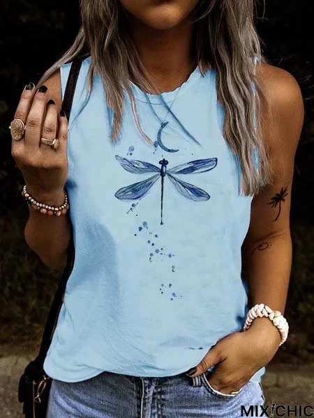 Sleeveless Cotton-Blend Printed Casual Top