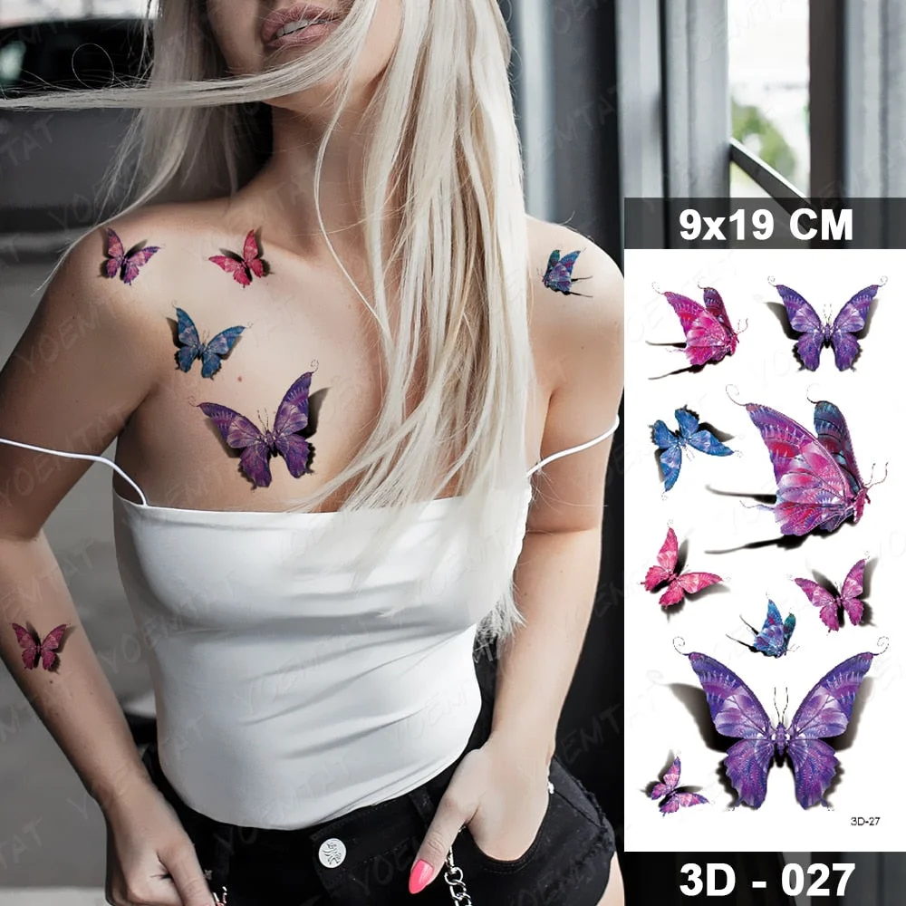Temporary Tattoos Sticker For Women Body Art Tattoo Sticker 3d Butterfly Rose Flower Feather Tattoo Waterproof Halloween Gift