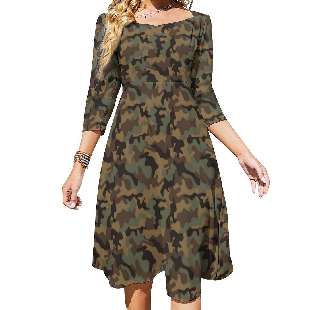 Brown Tan Green Camouflage Dress Sweetheart Tie Back Flared 3/4 Sleeve Midi Dresses