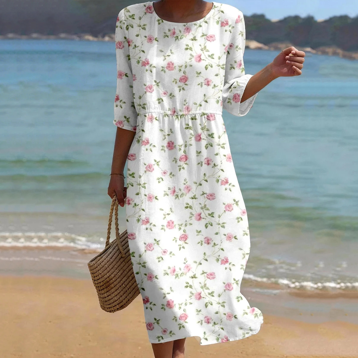 Women's Roses Art Pattern Linen Blend Loose Three-quarter Sleeve Dress wearshes