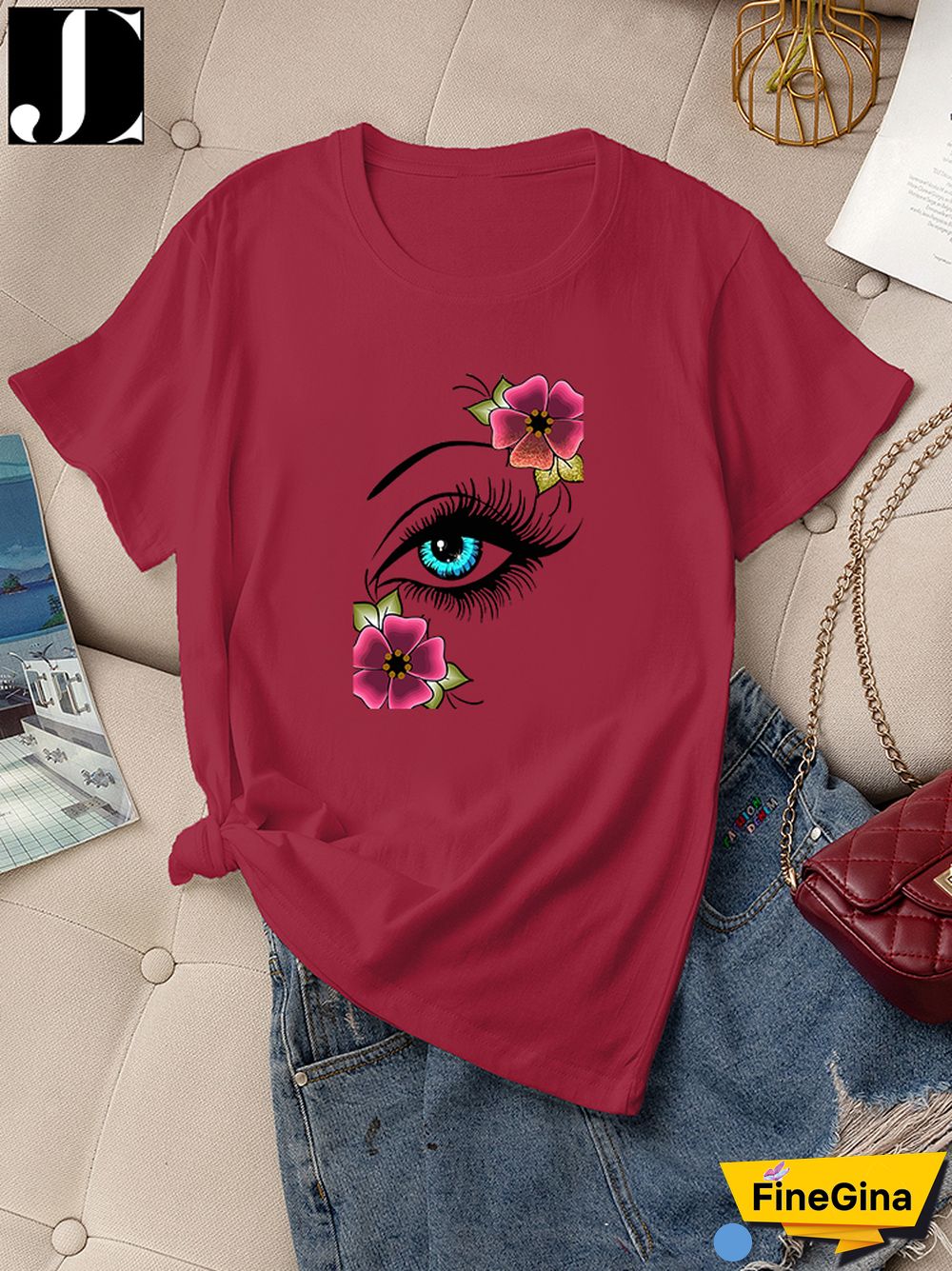 Casual Summer Daily T-shirt Women 100% Cotton Short Sleeve Rose Eye Print Female Graphic Fashion T Shirt Ladies O-Neck Tees Tops