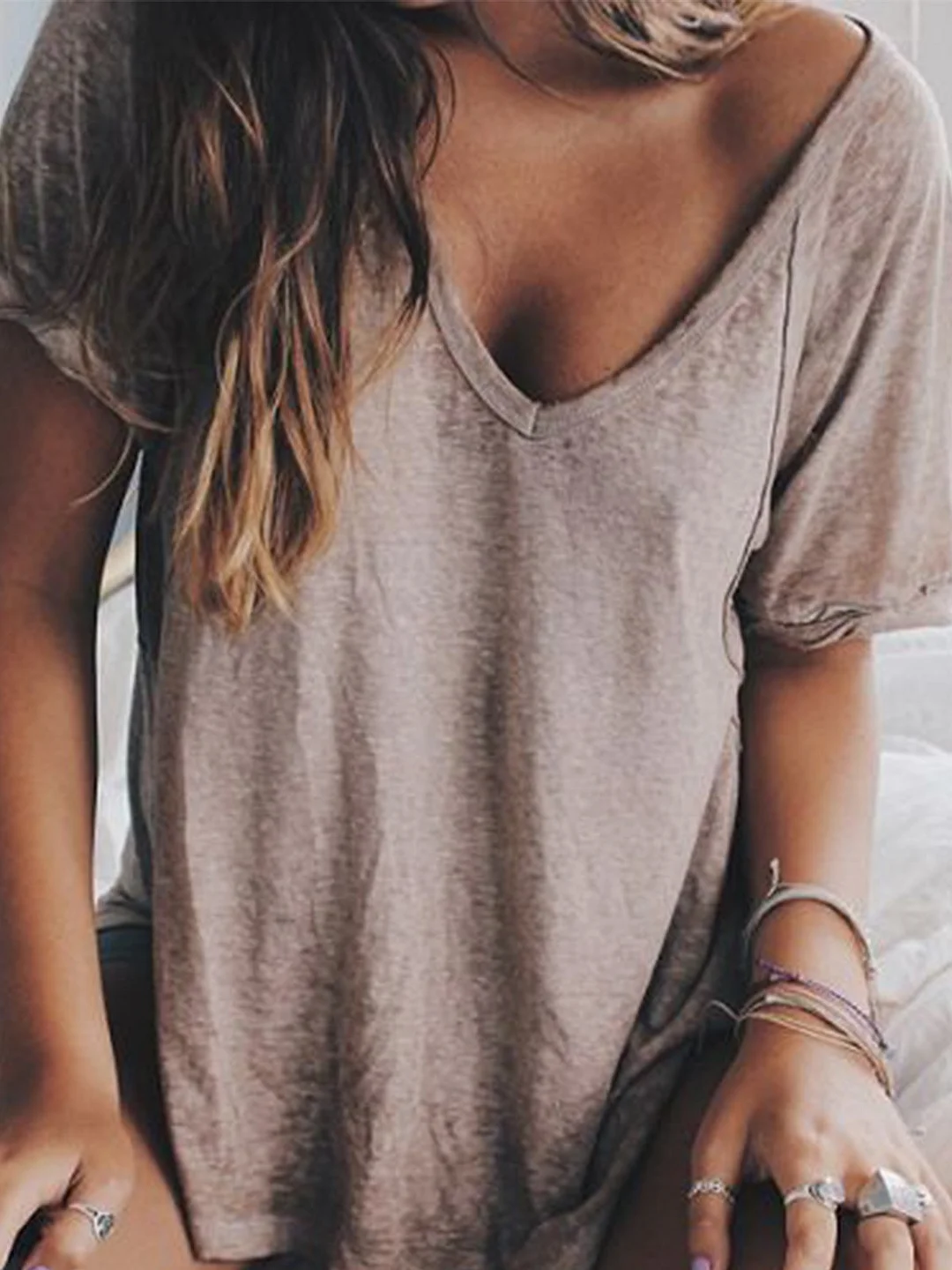 Woman Summer Casual V neck Loose T Shirt Tops