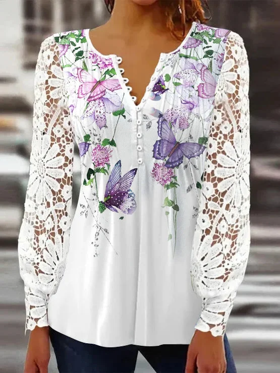 Women's Casual Lace Butterflies Printed Long Sleeve V-neck Top
