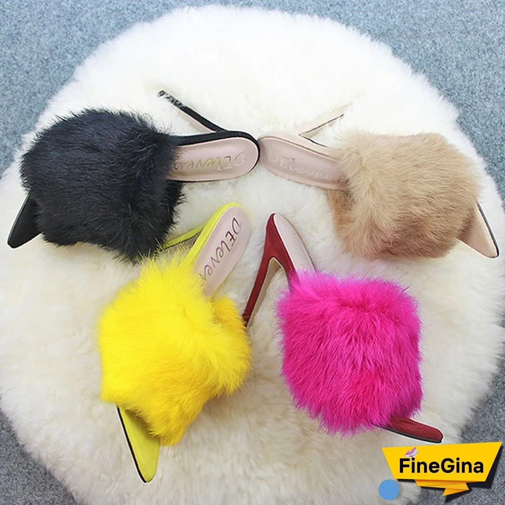 Women Shoes Rabbit Fur High Heel Sandals Slippers Luxury Sandals