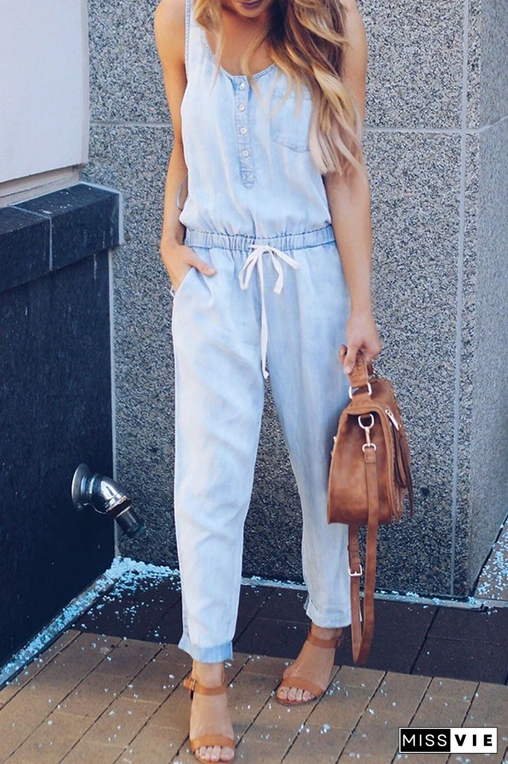 Casual Street Solid Frenulum Buckle U Neck Jumpsuits