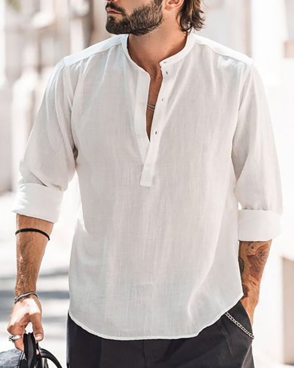 Men's Plain Cotton Linen Long Sleeve Shirt Top