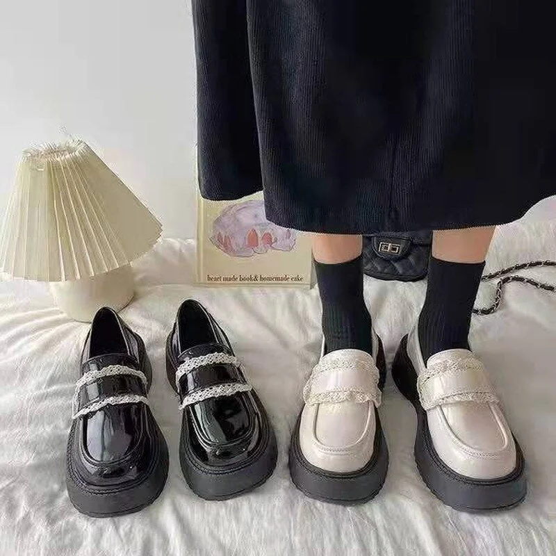 2022 British Style Lolita Shoes Femme PU Slip on Platform Woman Vulcanize Shoes Lace Zapatillas Mujer Vintage Ladies Footwear