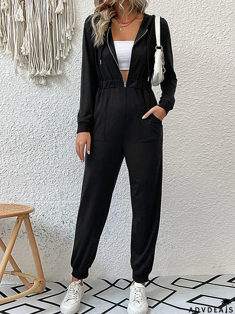 Zip Up Elastic Waist Hooded Jogger Jumpsuit