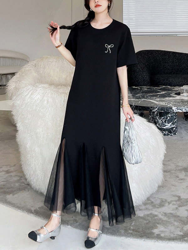 Patchwork Mesh Hem Short Sleeve Midi Dress