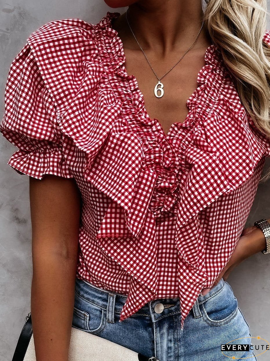 Layered Plaid Short Sleeve V-Neck Lotus Leaf Blouses