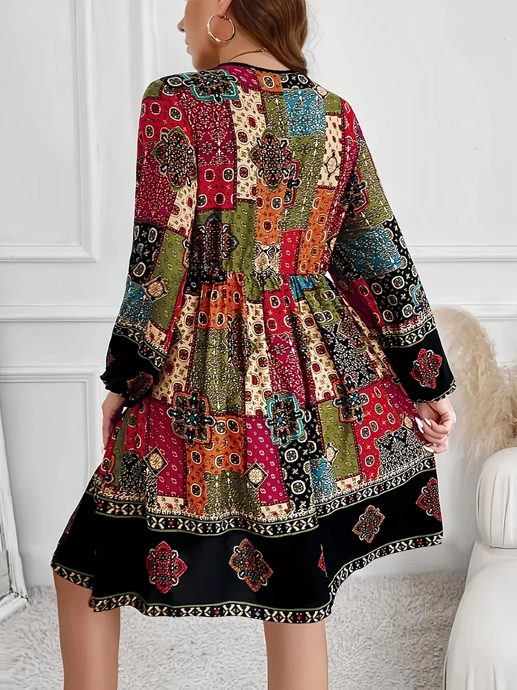 Floral Print V-Neck Long Sleeve Dress | Women's Fashion, Waist-Cinching, Spring/Summer Style, Casual Attire