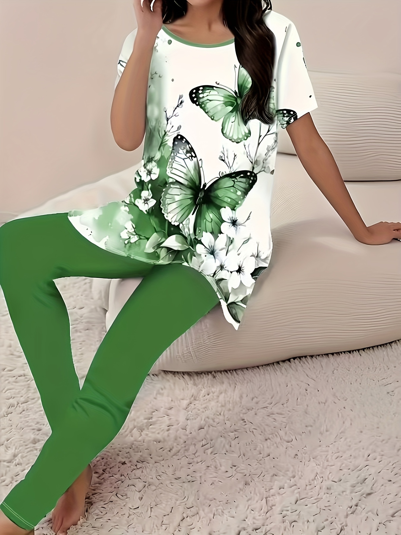 New Popular Butterfly Print Round Neck Short Sleeve Long Pants T-Shirt Set For Women's Fashion In Europe And America | IFYHOME