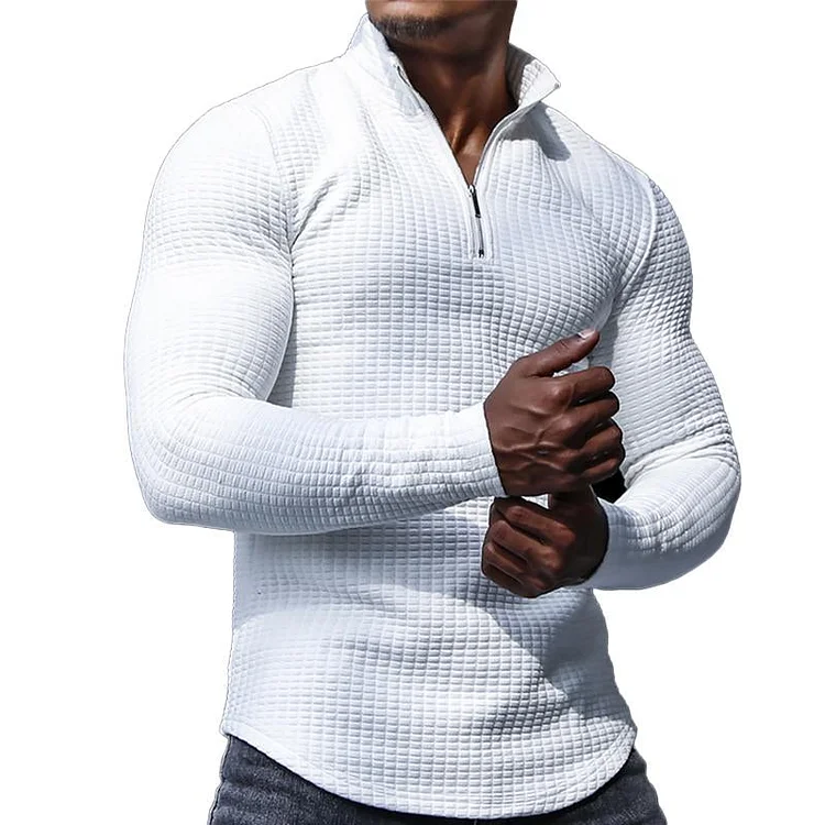 Men's Casual Waffle Solid Zipper Lapel Long Sleeve T-Shirt