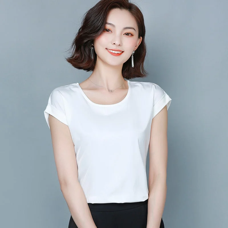 Summer Women Blouse 2022 New Simple Solid Silk Shirts Elegant Women Loose Round Collar Short Sleeve Womens Clothing 9227 50