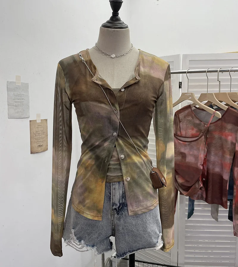 Nigikala Nigikala Babes Tie-Dye Net Yarn Sunscreen Cardigan Two Sets Of Sling Vest + Long-Sleeved Shirt Top 8056