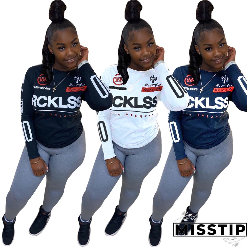 Hot Style Printed Round Neck Long Sleeve Plus Size Blouse