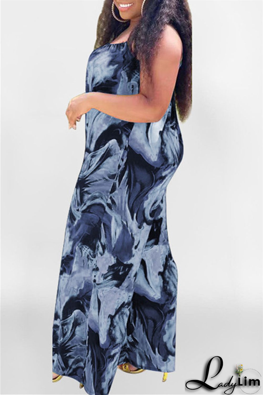 Coffee Sexy Casual Print Backless Spaghetti Strap Plus Size Jumpsuits