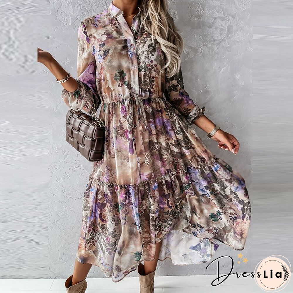 Women Casual Print Long Sleeve Dress Autumn Fashion Irregular Slim Dress Office Lady Elegant Button Ruffle Elastic Waist Dresses