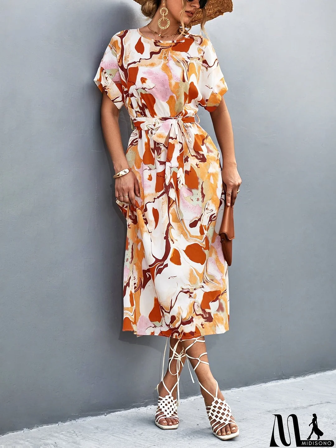 MidiSono - Round Neck Short Sleeve Tie Waist Midi Dress