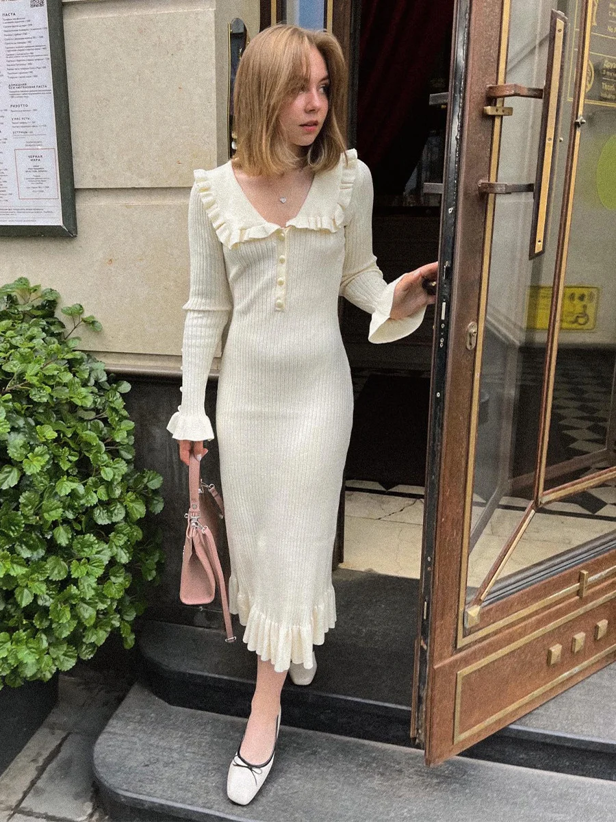 Uveng Uveng Dress Knitted Dress Autumn And Winter New Sweater Dress 2023 Vintage Lady French Dress