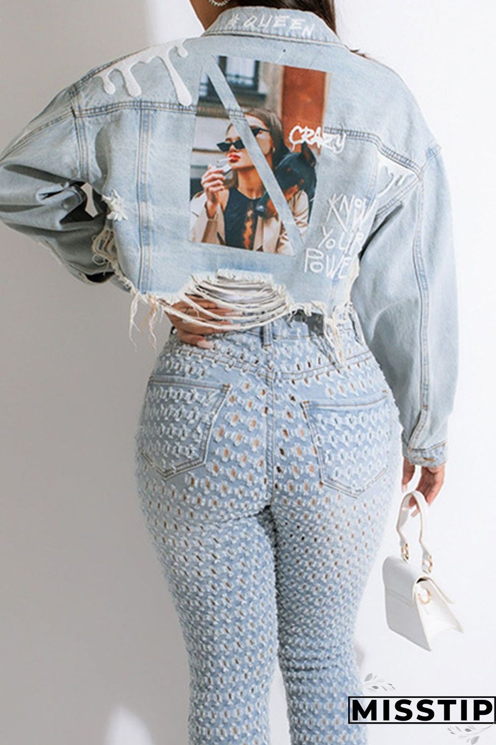Blue Orange Street Print Make Old Patchwork Buckle Turndown Collar Long Sleeve Straight Denim Jacket