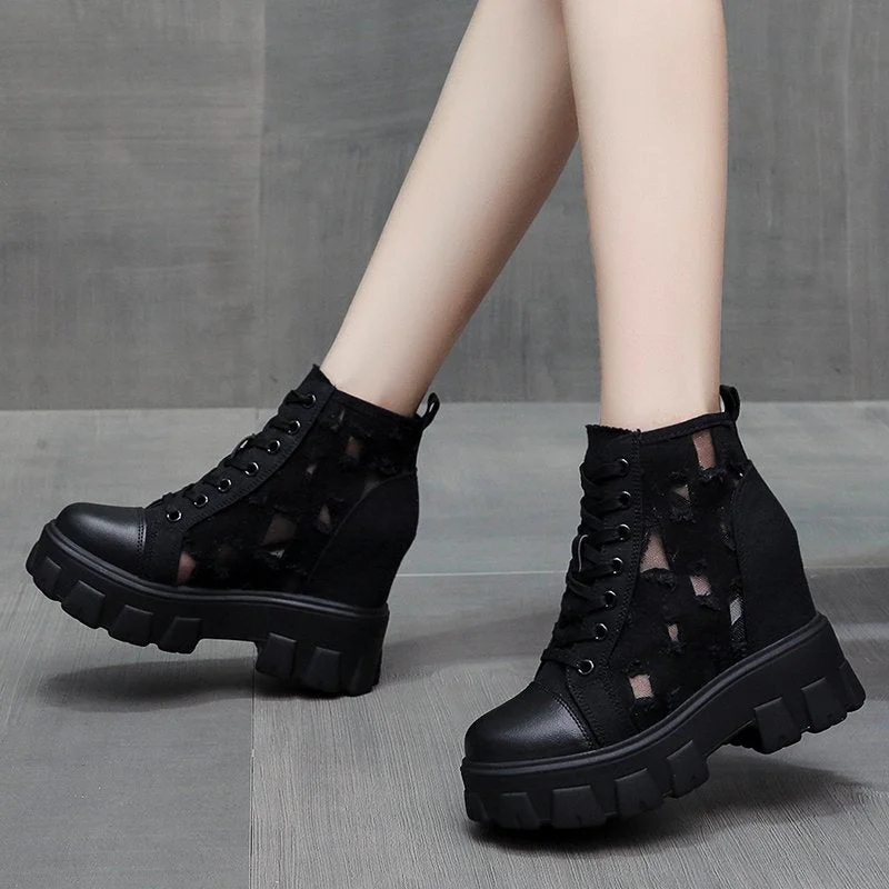 2022 Autumn Hollow Out Canvas Ankle Boots For Women Round Toe Lace Up Hidden Heels Shoes Woman Chunky Platform Booties