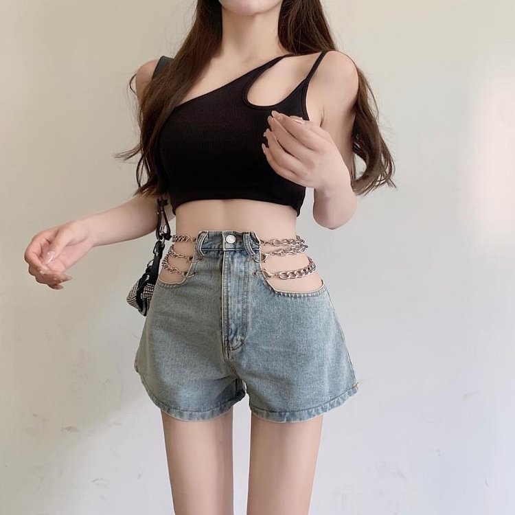 Chained Hollow Out Waist Denim Shorts