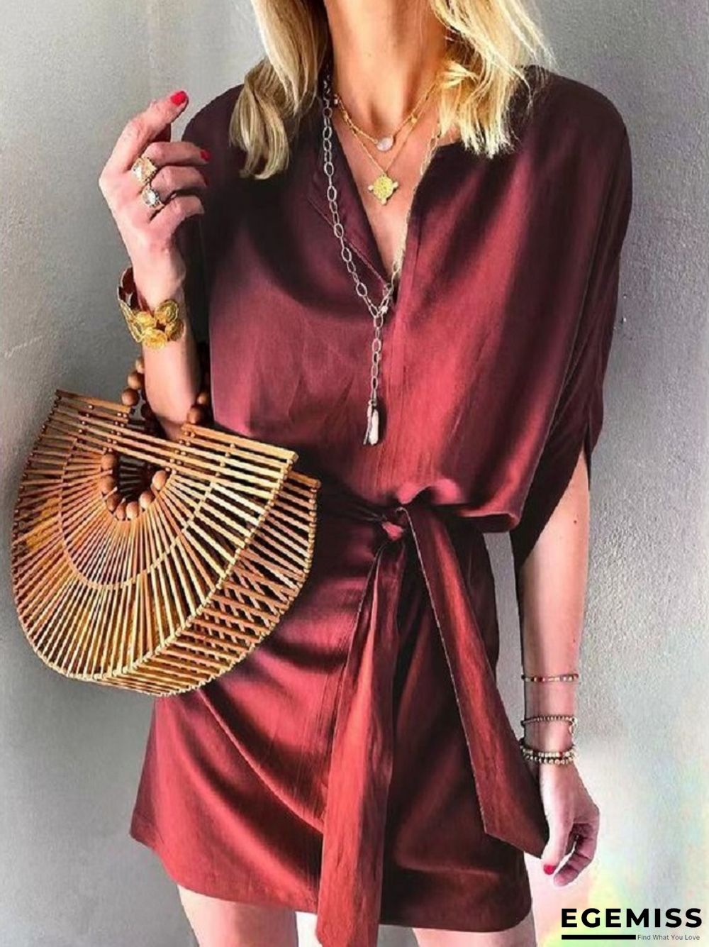 Half Sleeve Lace Up Satin Casual Dress | EGEMISS