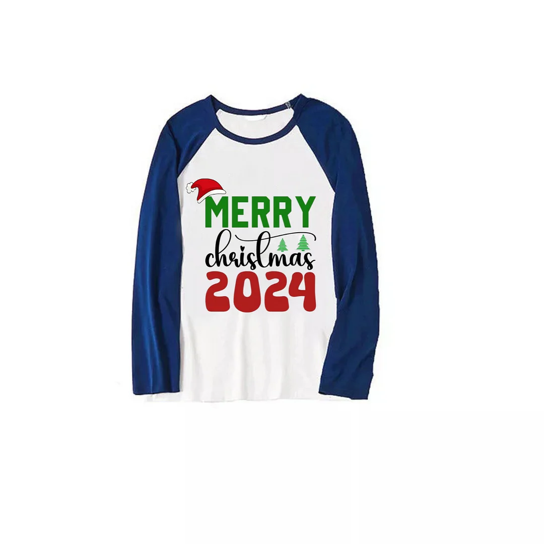 "Merry Christmas 2024" Text Print Blue & Black Plaid Long Sleeve Christmas Family Matching Pajamas