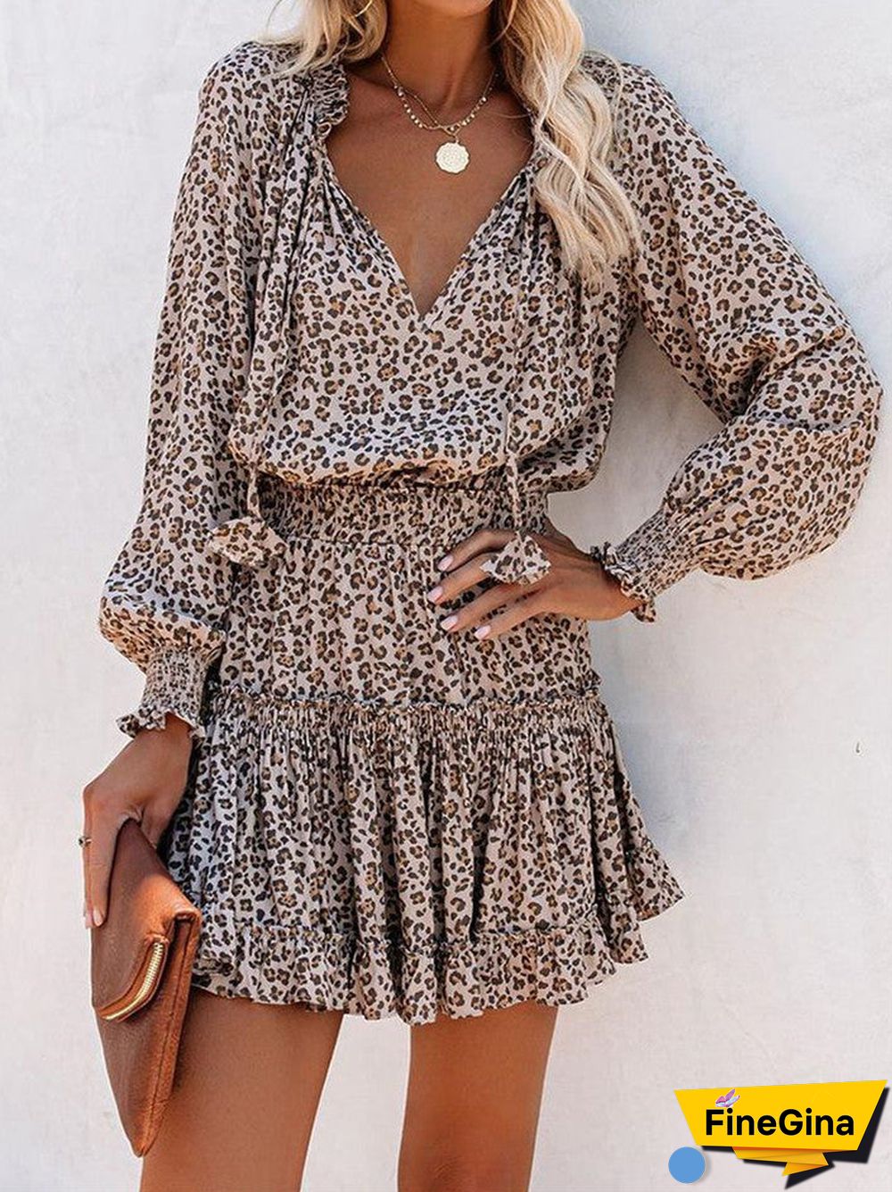Women's Long Sleeve V-neck Printed Casual Dress