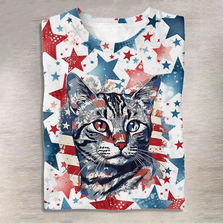 Women's American Flag Color Stars Cute Kitten Print Short Sleeve Crew Neck T-shirt