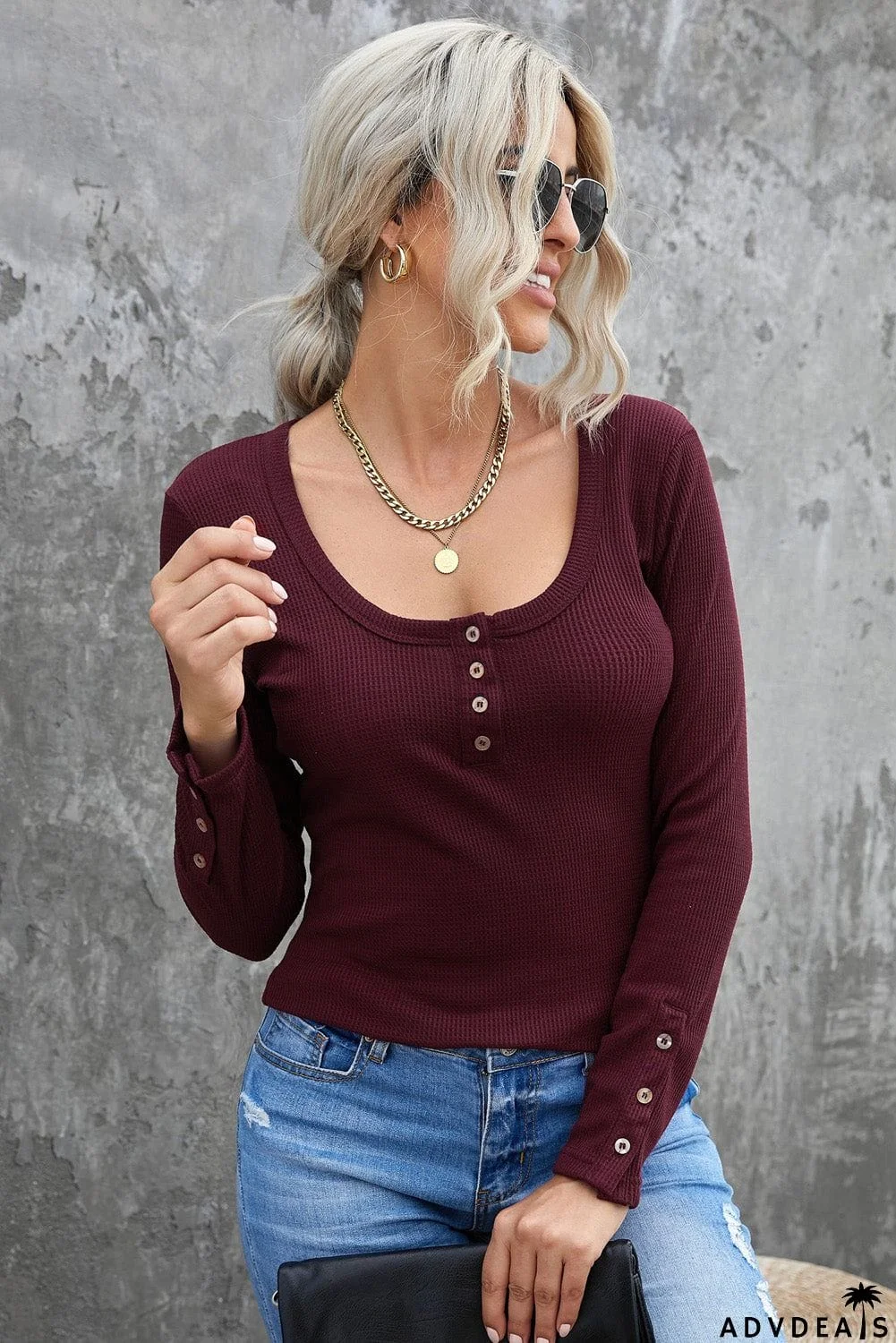 Scoop Neck Button Closure Ribbed Long Sleeve Top