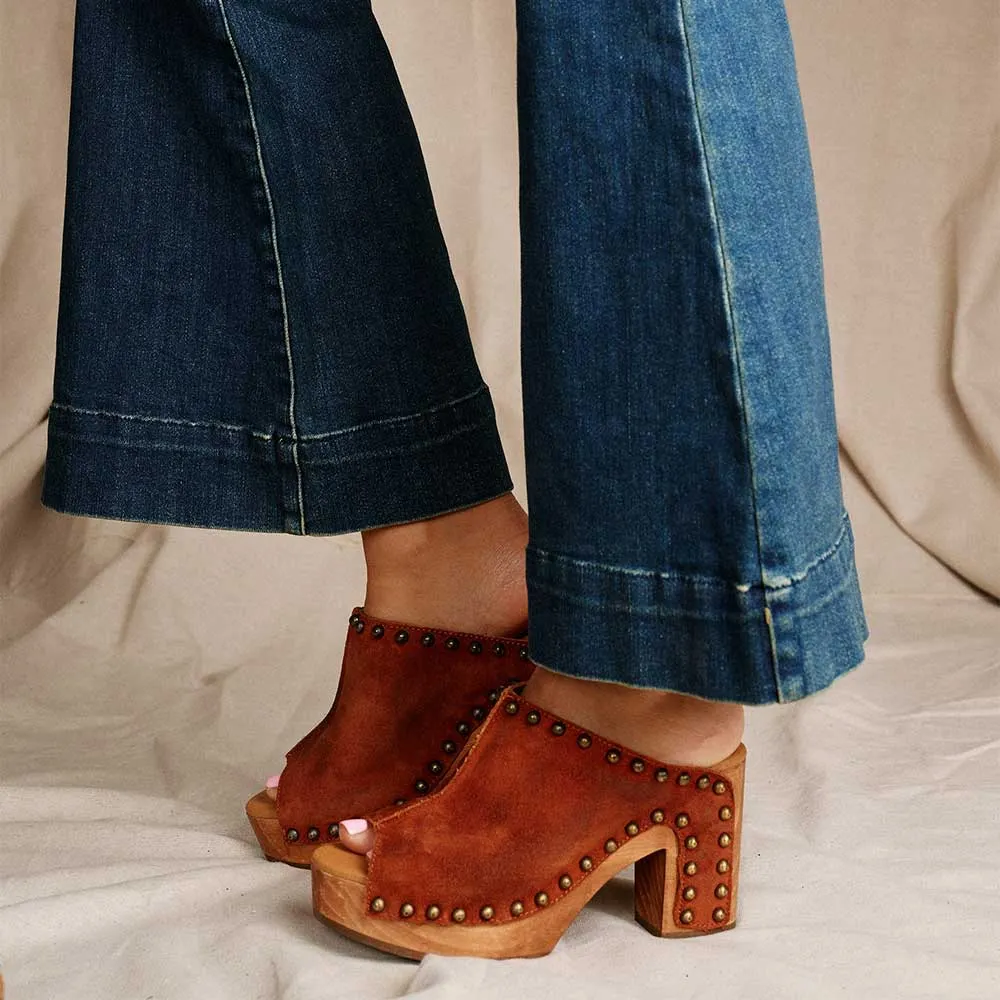 Tan Vegan Suede Studded Wide Strap Platform Women's Heel Sandals