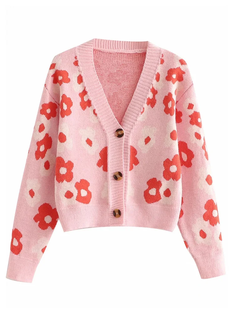V-neck button flower jacquard loose thin knitted cardigan top 