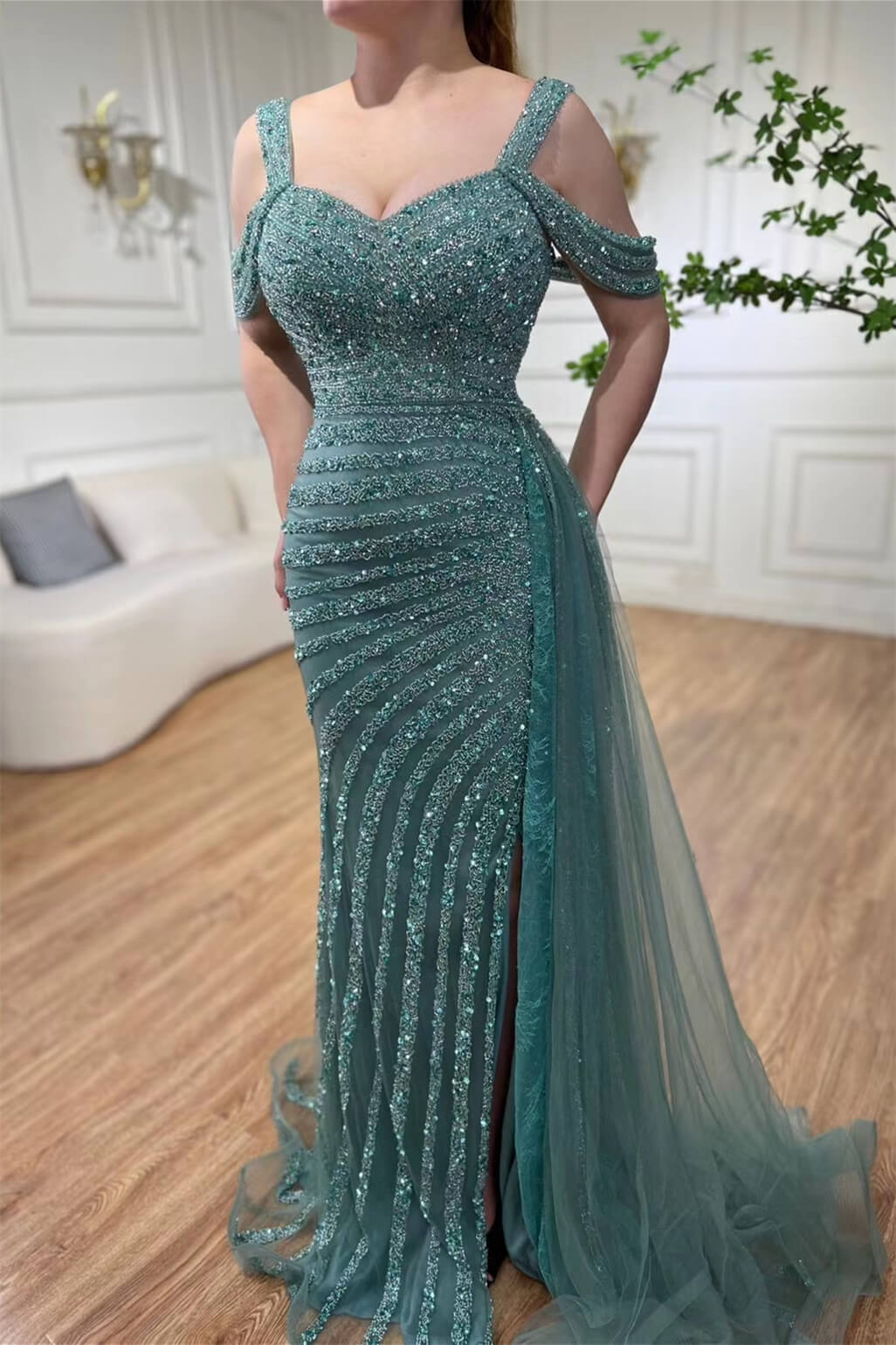 Bellasprom Jade Straps Sweetheart Beadings Prom Dresses Mermaid Slit With Ruffle Bellasprom